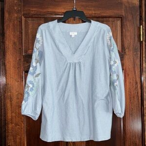 J. Jill Light Blue Pinstripe V-Neck Blouse. Embroidered sleeves